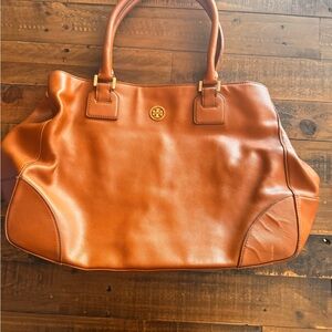 Tory Burch Cognac Leather Tote with Gold Logo